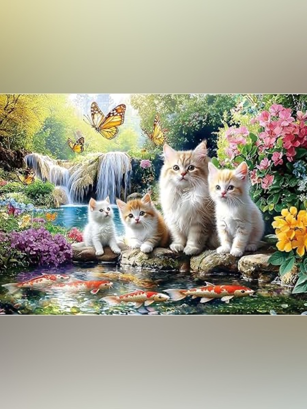 NIB PuzzOne 1000 Piece Jigsaw Puzzle Cats Waterfall Koi Pond Sealed